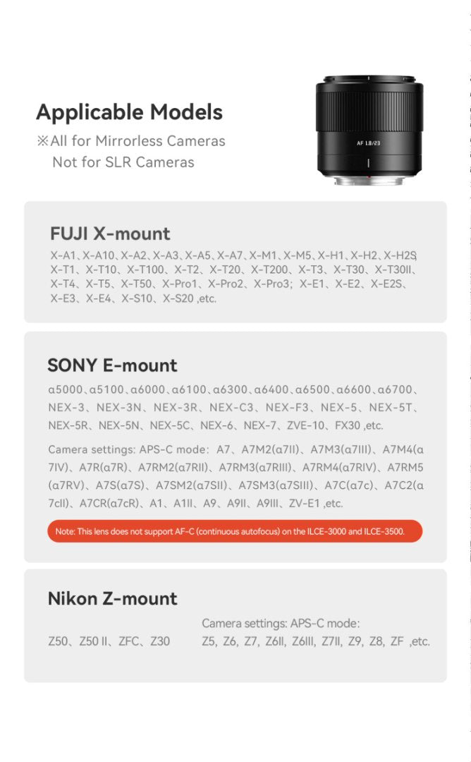 TTArtisan AF 23mm F/1.8 APS-C Prime Lens for mirrorless camera - Fujifilm X Sony E Nikon Z